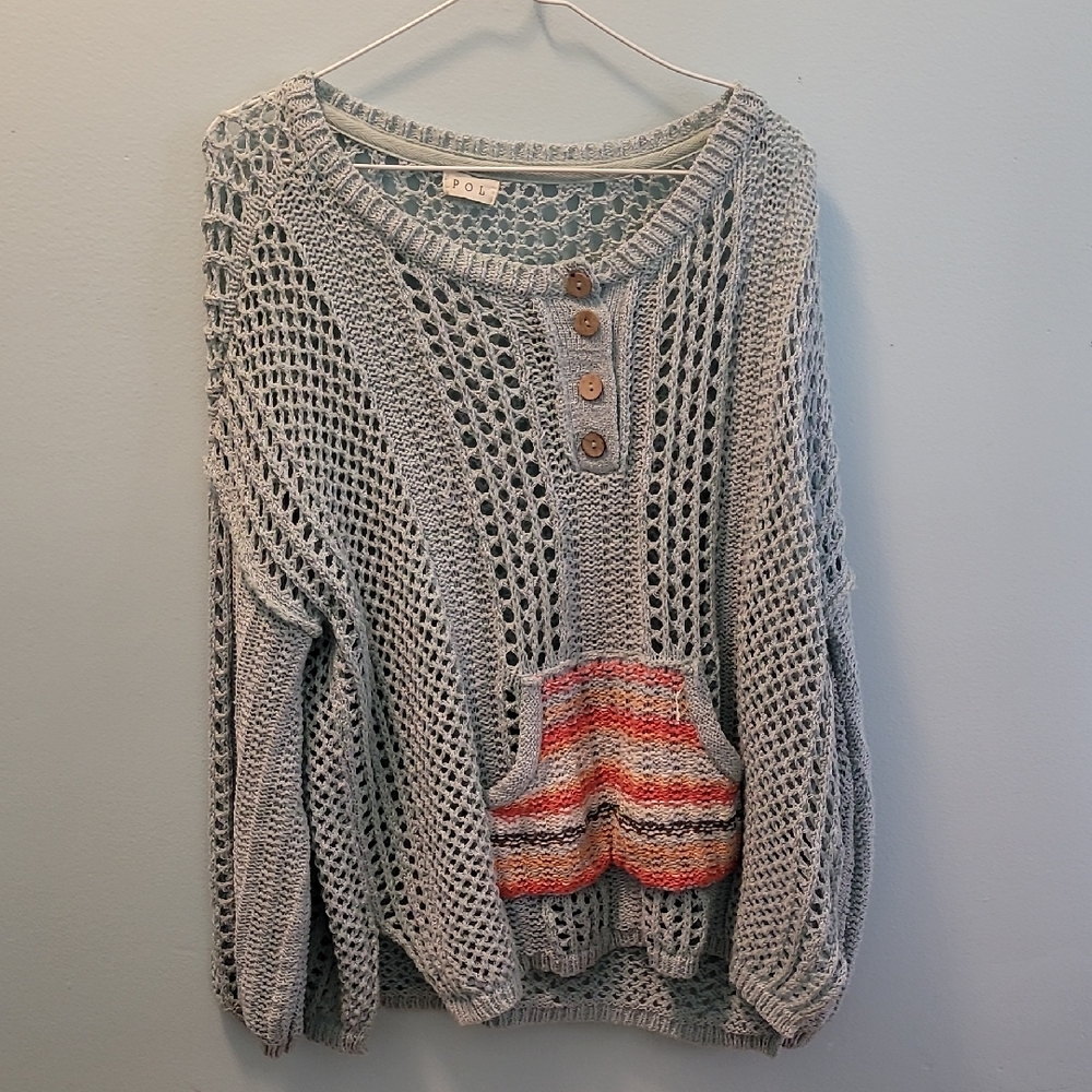 POL Open-Knit Light Gray Sweater with Striped Pocket